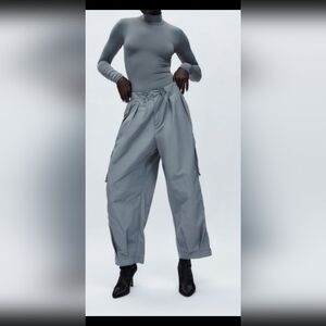 Zara Woman Mid Waist Cargo Trousers Gray